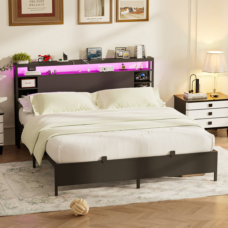 Bed Frame With Charging Station And RGB LED Lights, Headboard With Storage No Box Spring Needed, Queen, Black
