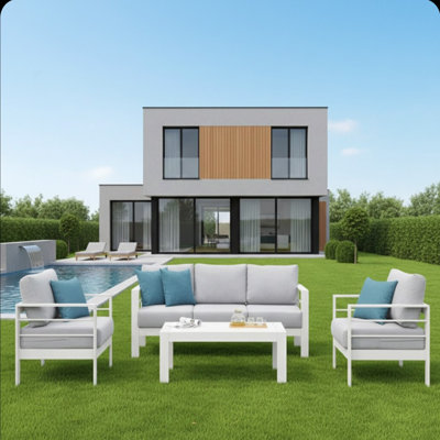 Ensemble de conversation de patio 5 pièces en aluminium 5 pièces, canapé d'extérieur 7 places avec coussins gris clair épais et structure blanche et table basse