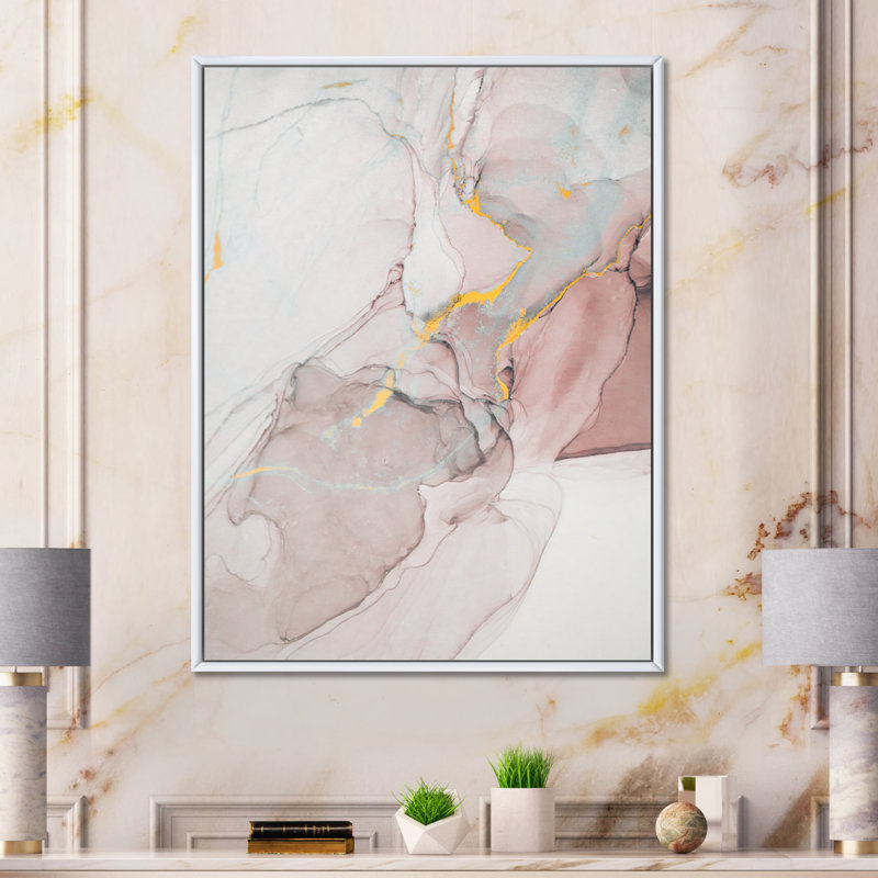Gris et rose marbré art ondulations - décoration murale moderne en toile, L 30 po x H 40 po, Toile à cadre flottant blanc