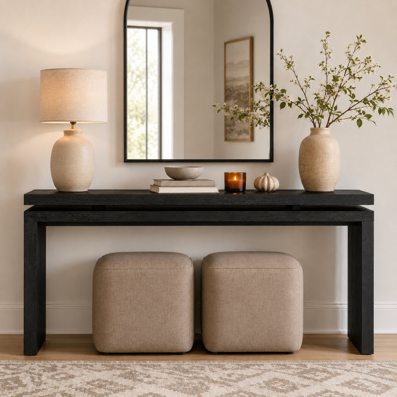 Console 60 po Farmhouse - Table d'entrée en bois massif et panneau de fibres à densité moyenne (noir), Noir