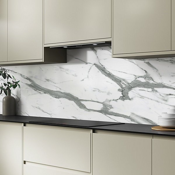 White Marble Aluminium  Kitchen Splashback, 305 cm x 75 cm, White/Grey