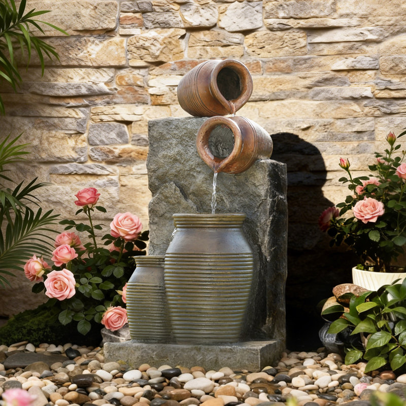 29.9"h Outdoor Solar Power Water Fountain, Resin Pottery Cascade Garden Water Fountain With Led Lights Effect