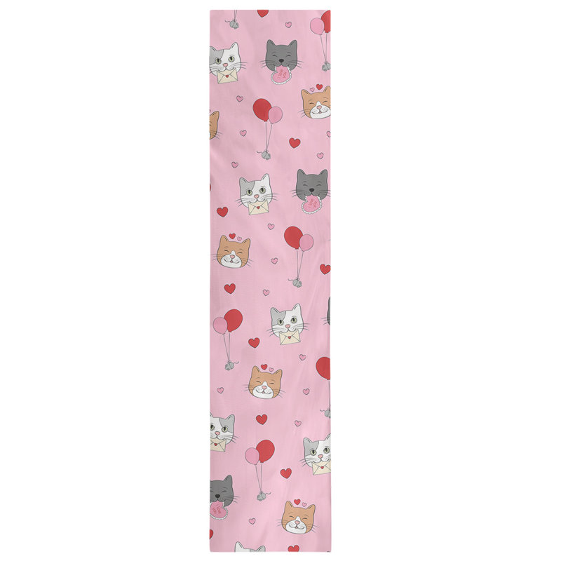 Festive Hol Valentine's Day Cats Table Runner, 90" L x 16" W, Pink/Gray/Brown, Polyester