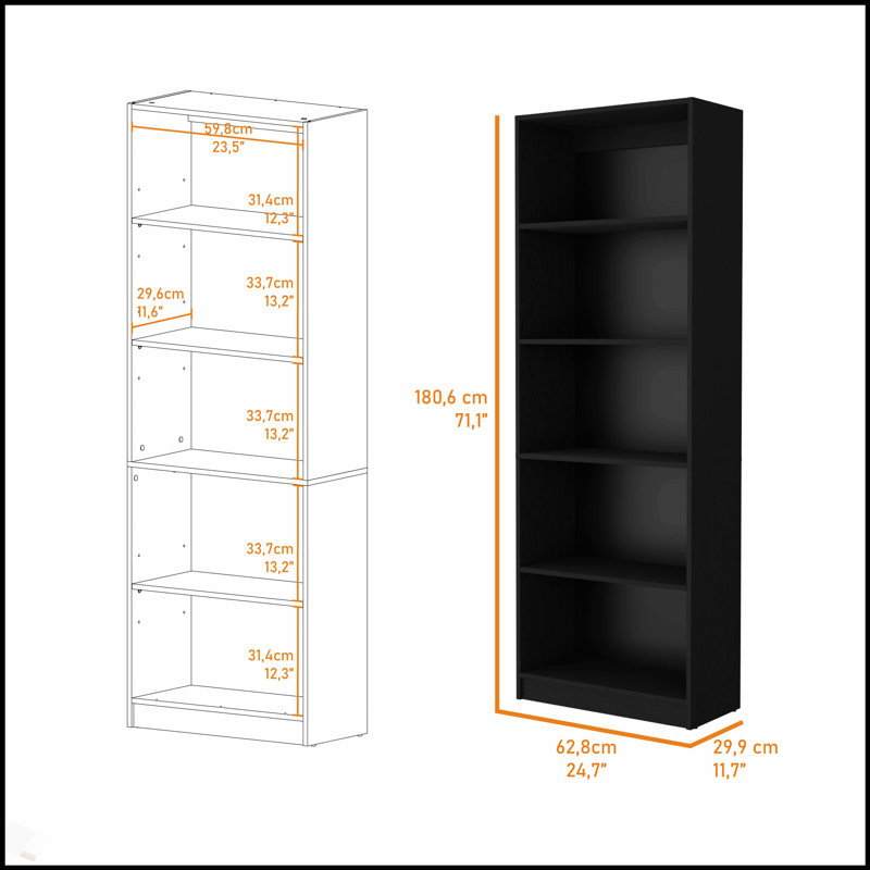 Stylish Black 5-Shelf Bookcase With Spacious Tiers For Books And Decor, Perfect For Modern Interiors And Organized Storage.