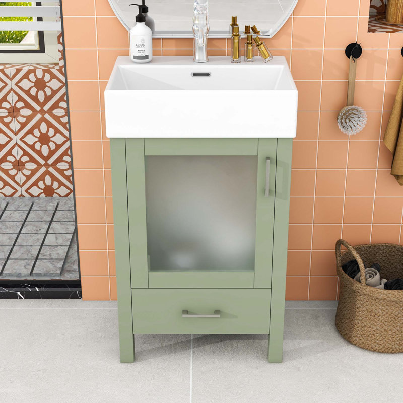Meuble-lavabo de salle de bain avec lavabo en céramique, porte à fermeture en douceur et beaucoup de rangement, Vert