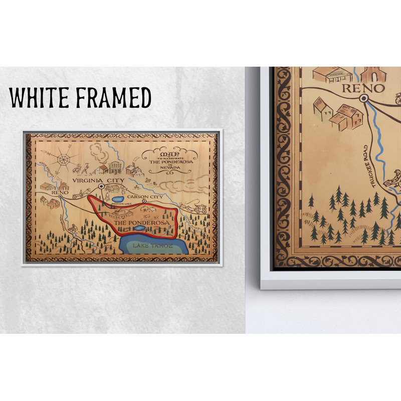 Carte rétro de la Ponderosa Nevada, œuvre d'art sur toile blanche encadrée 1P, 39,4 po H x 63,1 po l