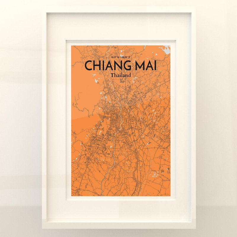 Chiang Mai City Map In Orange - No Frame Print, 27.6cm H x 19.7cm W x 0.05cm D