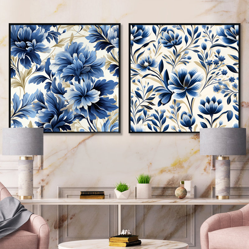 Henri - Ensemble de 2 collages floraux carrés, Cadre flottant noir, H 36 po x l 73 po