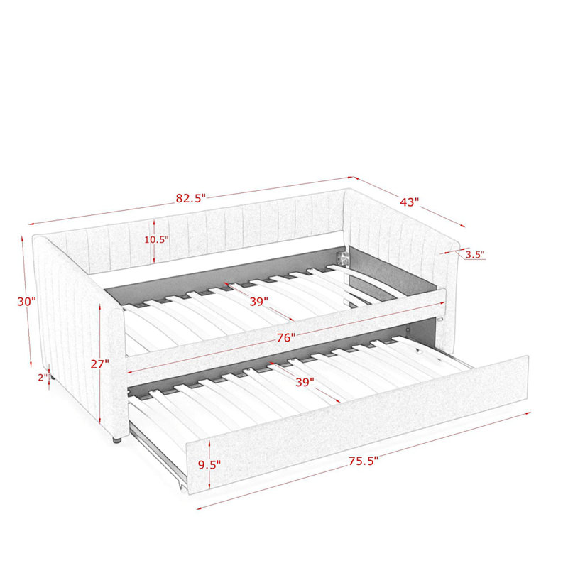 Twin Size Daybed with Trundle Upholstered Sofa Bed, with Vertical Stripes, Linen Fabric, Beige, Twin