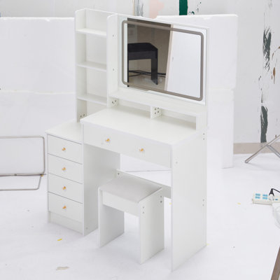 41" Large Size Left Bedside Cabinet Vanity Table, Cushioned Stool, Extra Large Touch Control LED Mirror, 3-Colour Switch, Multi Layer High Capacity Storage Fashionable Dresser, Suitable For Large Space