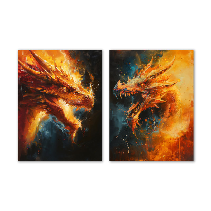 Orange orange, jaune, feu, dragon I - ensemble d'art mural en métal Mythique, ensemble de 2, 32" H x 48" W