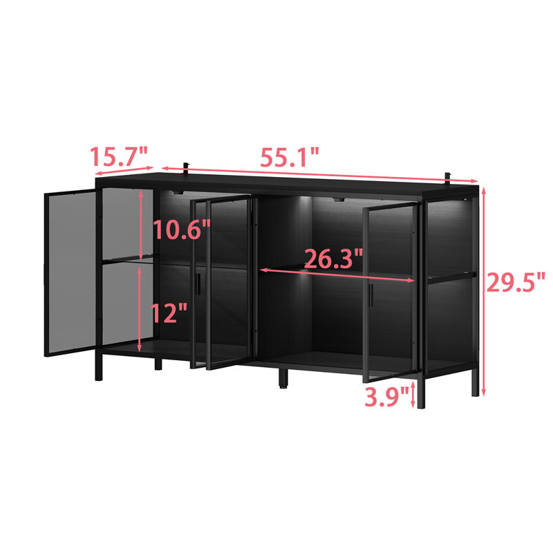 Armoire d'appoint 4 portes avec verre trempé et lumières réglables, Noir