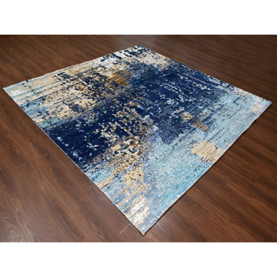 Tapis noué à la main en laine et en soie 9 pi 9 po x 9 pi 10 po bleu Égée