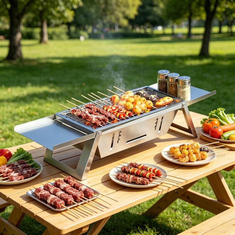 Barbecue au charbon pliable 3-en-1, foyer portatif en acier inoxydable avec tablettes latérales pour 2 à 3 personnes