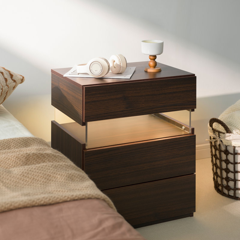 Modern LED Nightstand With 3 Drawers - Bedside Table With Soft Glow Lighting, Brown