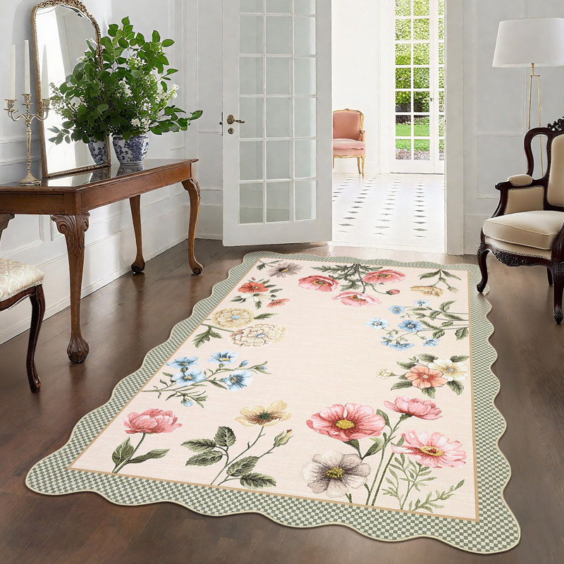 Scalloped Rug Machine Washable Floral Living Room Rugs Non Slip Bedroom Carpet for Nursery Dining Room Dorm Office, Beige