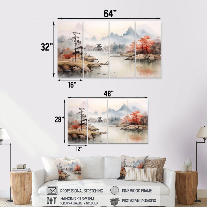 «Tranquil Chinese Landscape Serenity II - China», ensemble de 4 pièces d'art mural, H 32 po x l 64 po