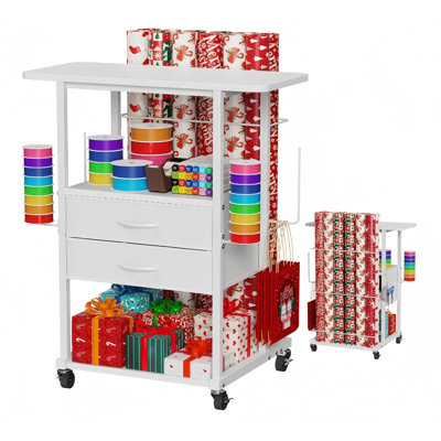 Chariot de rangement de papier d'emballage avec 12 rouleaux de support pour organisateur de papier, chariot de bricolage avec 2 tiroirs en tissu, station d'emballage de cadeaux avec 4 crochets, rubans de rangement et sacs-cadeaux