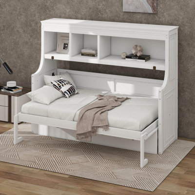 Lit simple escamotable avec bureau et tablettes de rangement