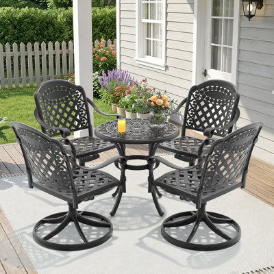 Ensemble de salle à manger 5 pièces en aluminium coulé résistant aux intempéries, comprenant 4 chaises pivotantes et une table ronde de 26,77 po avec structure noire