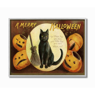 «A Merry Halloween Pumpkins and Black Cat Seasonal Holiday Design» par Daphne Polselli - reproduction d'art
