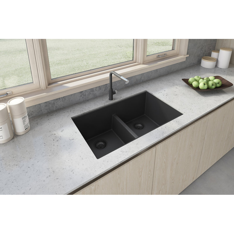 Ruvati 33 x 19 inch Granite Composite Quartz Undermount Low Divide Double Bowl Kitchen Sink - Midnight Black -