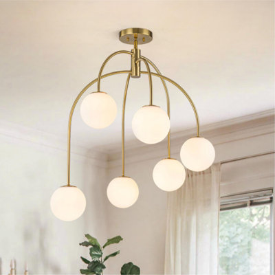 6-Light Mid-Century Weeping Willow Milk Glass Chandelier