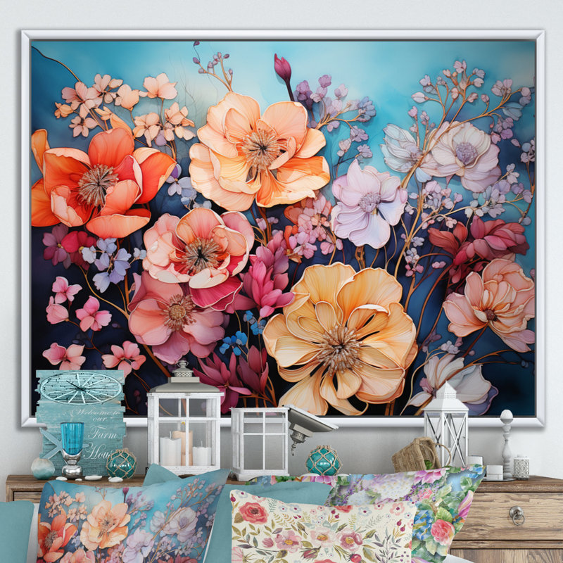 Corail floral symphonie I - abstrait Botanicals Wall Art Living Room, L 32 po x H 16 po, Cadre flottant blanc