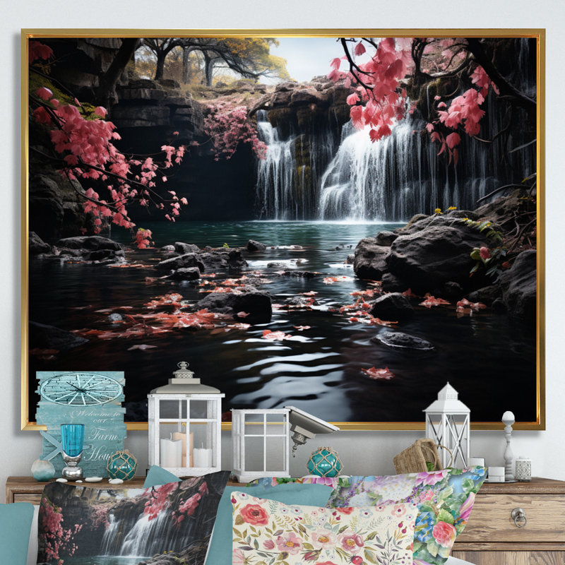«Peach Tree Waterfall Natures Elegance II», reproduction sur toile, Cadre flottant doré, H 24 po x l 32 po x P 1 po