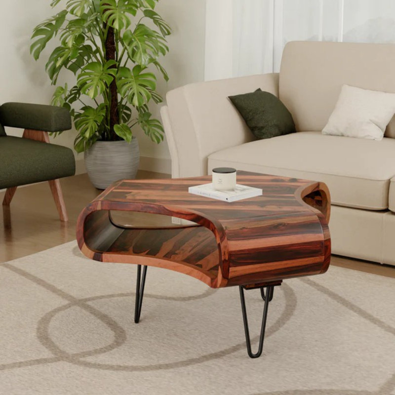 Table basse en bois massif avec tablette de rangement ouverte - Pieds en épingle à cheveux, finition miel, table basse moderne Mid-Century