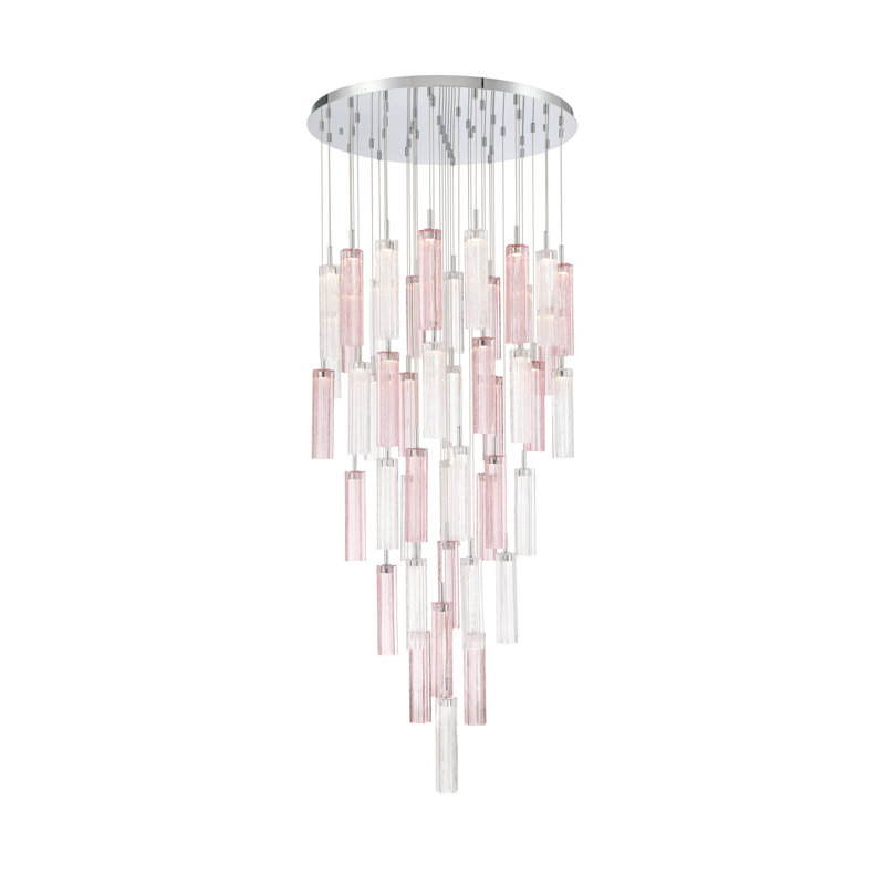 Luminaire suspendu à DEL 36 po Delaney, H 196,5 po x l 36 po x P 36 po, Rose / transparent, Chrome poli