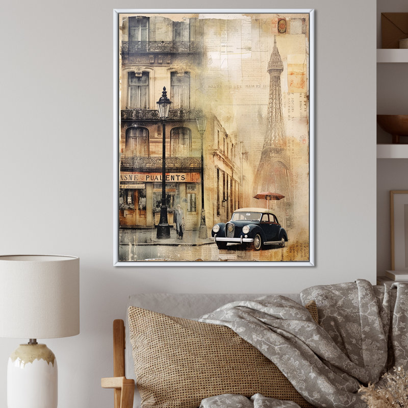 Paris Chronicles, collage rétro sur toile, H 44 po x l 34 po x P 1,5 po, Cadre flottant blanc