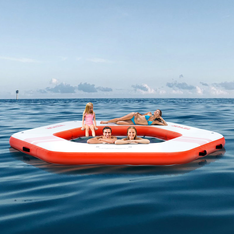 Large Orange Inflatable Floating Dock with Trampoline Pool