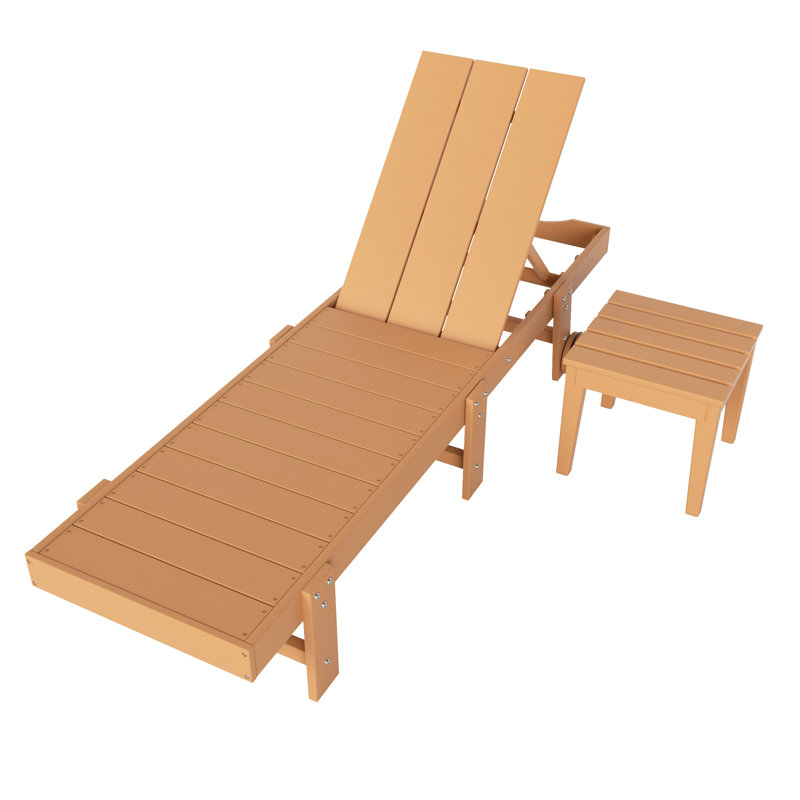 Joubert 77.6" Long Outdoor All-Weather Poly Reclining Single Chaise with Table, Teak