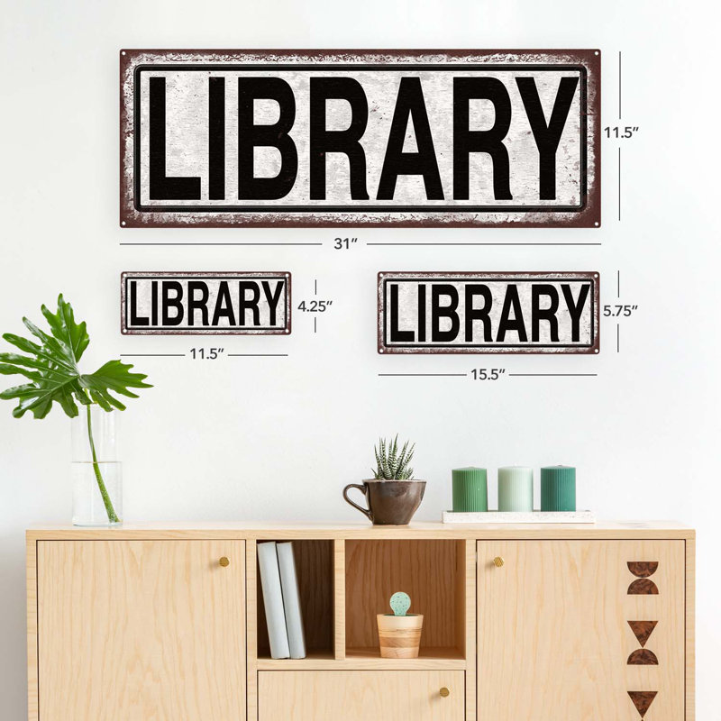 Enseigne de bibliothèque en métal vieilli, H 5,75 po x l 15,5 po x P 0,04 po