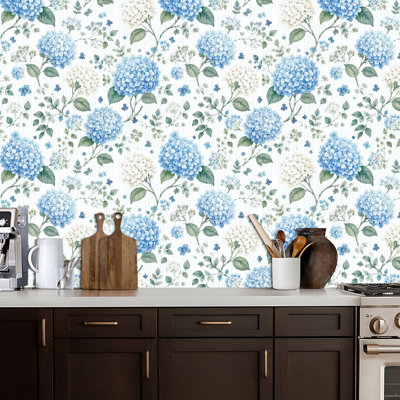 Papier peint adhésif autocollant bleu et blanc à motif floral hortensia à feuilles vertes et à rayures, amovible, autocollant, 24 po x 118 po