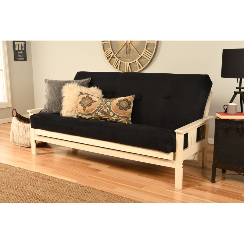 Structure de futon double avec matelas à ressorts double Johnte, Premium Pocket Coil, Black Microsuede, Blanc antique
