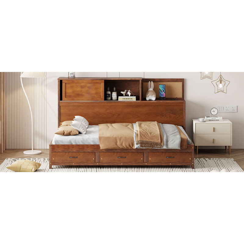 Full Size Wooden Daybed With 3 Storage Drawers, Upper Soft Board, Shelf, And A Set Of Sockets And USB Ports, Walnut, Walnut