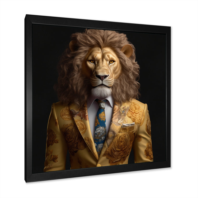 Lion jaune en costume - art mural mode lion, Cadre photo noir, H 16 po x l 16 po x P 1 po