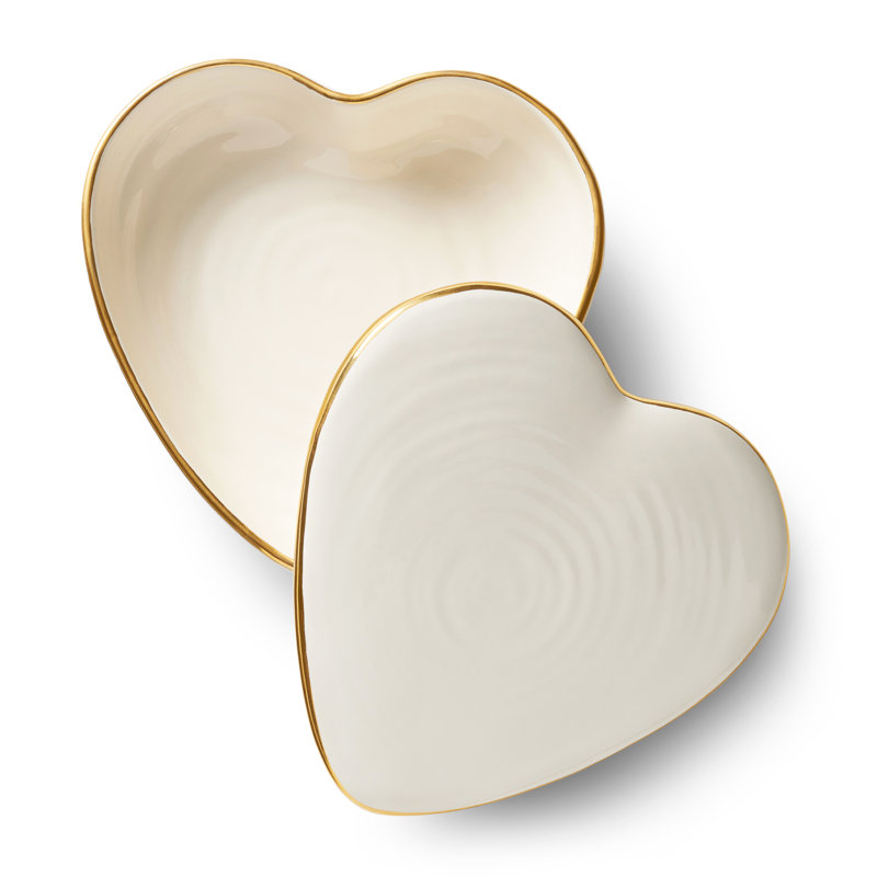 Handmade White Ceramic Heart-Shaped Decorative Box with Gold Detailing