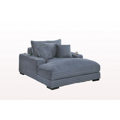Modern Chaise Lounge w 2/ Cup Holders USB Ports Gray Color Corduroy Wooden Legs Pillows Plush Couch Sofa Chaise