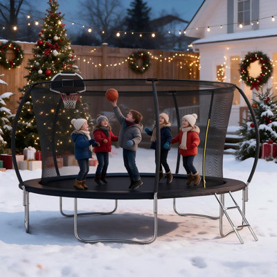 14FT Trampoline with Safety Enclosure Net & Basketball Hoop, ASTM Approved Outdoor Backyard Recreational Trampoline for Kids & Adults