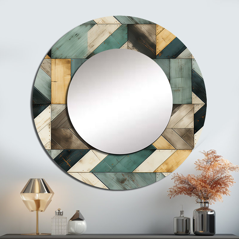 Riyon Yellow And Blue Rustic Farmhouse Cubic Planks - vintage  Mirror, Vintage Round Decorative Wall Mirror, Printed Metal Art