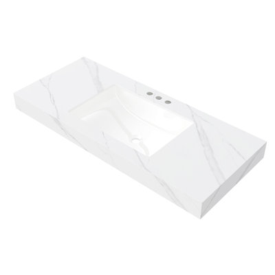 48" MURI Carrara White Sintered Stone Countertop and Undermount Ceramic Basin with Three Standard Pre-drilled Faucet Holes, NO Cabinet, NO Faucet and Sink Cover
