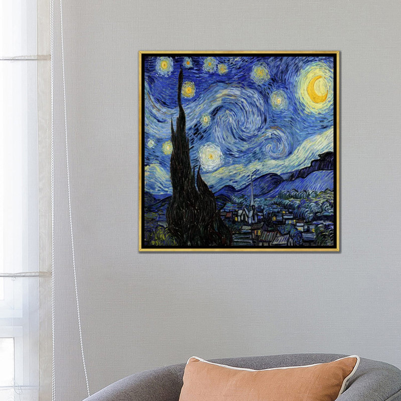 «The Starry Night» par Vincent Van Gogh - reproduction, H 26 po x l 26 po x P 1,5 po, Toile encadrée d'or