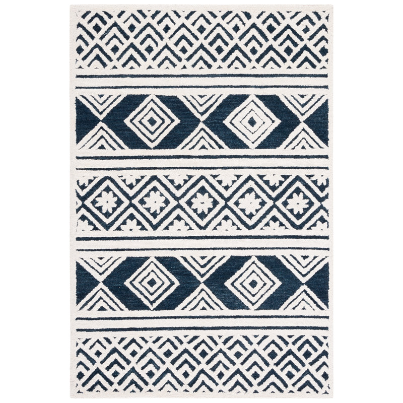 Tapis rayé ivoire / bleu en laine / coton touffeté à la main Brizendine, Rectangle 4pi x 6 pi