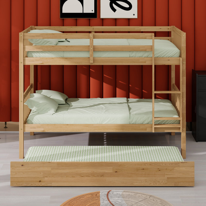 Rubber Wood Bunkbed With Trundle And Ladder,Convertible Into Two Beds, White Oak