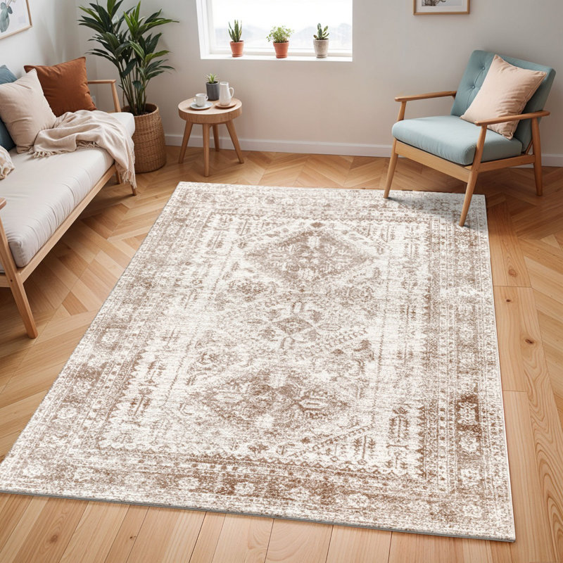 Ivory Traditional Rug, Bordered Easy to Clean Rug For Living Room, Dining Room, Bedroom-200X275, Rectangle 160 x 220 cm