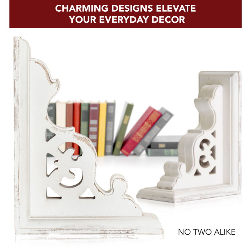 Distressed White Carved Wood Renaissance Bookends Set