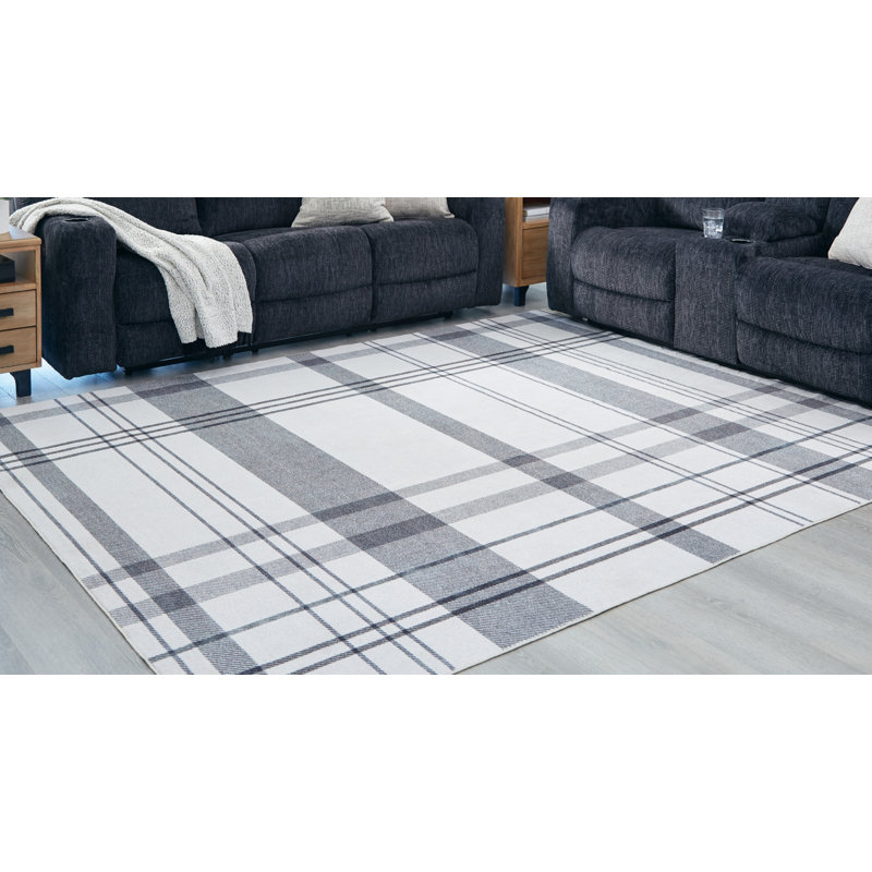 Rectangle Jamye Plaid Machine Woven Polyester Area Rug in Gray/Cream, Rectangle 7'5" x9'6"